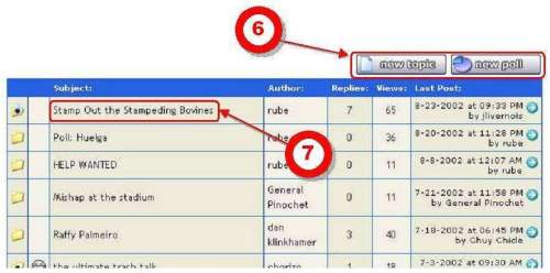 (6) If you wanted to start a New Topic or a New Poll, you could do it by clicking one of these buttons. (7) To read an existing topic, or subject, click on the topic name. In this example, you'd click on "Stamp Out the Stampeding Bovines."
