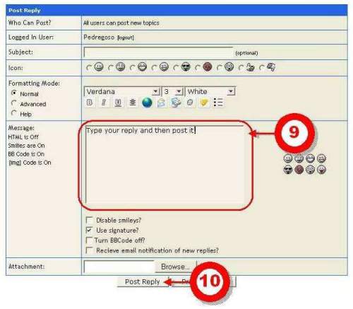 (9) Clicking on "New Reply" in (8) will bring up the following screen. Add your reply. (10) After you've typed your message, post your message to the forum by clicking on the "Post Reply" button